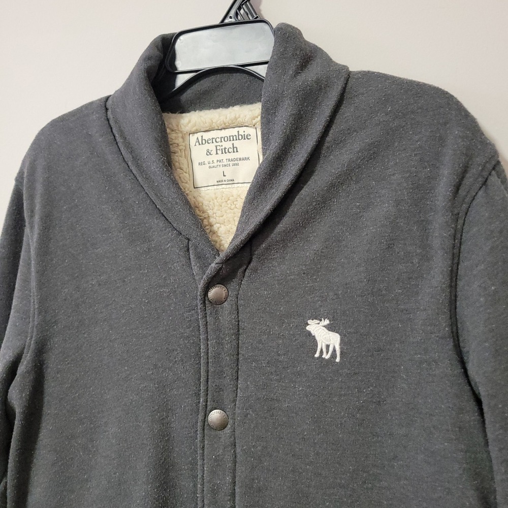 Abercrombie & Fitch Sherpa Lined Cardigan Jacket Mens L Gray Shawl Collar Moose